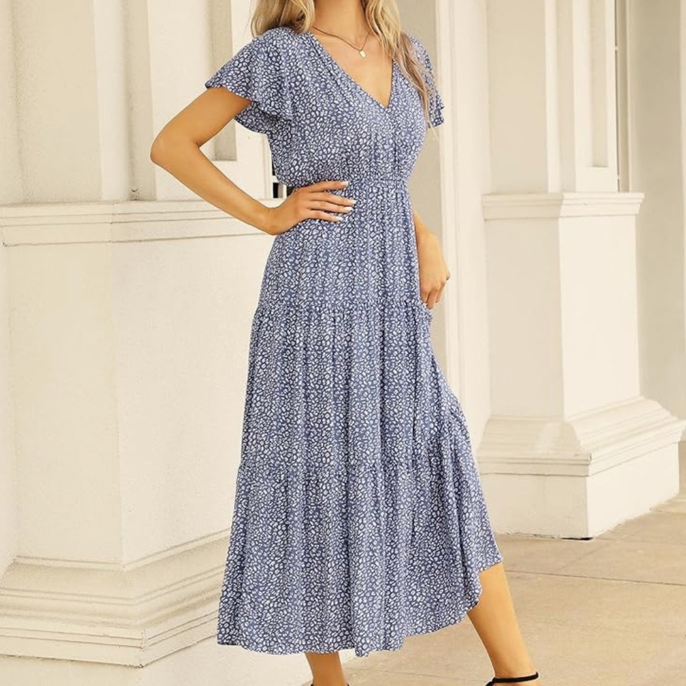 Kojooin Women’s Floral Boho Ruffle Tiered Wrap V-Neck A-Lined Leopard Maxi Dress